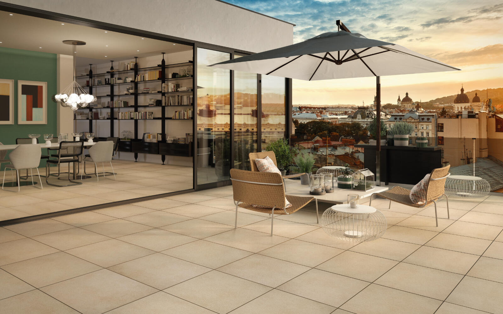 Große Terrasse mit Fliesen im Stil des Innenbereichs